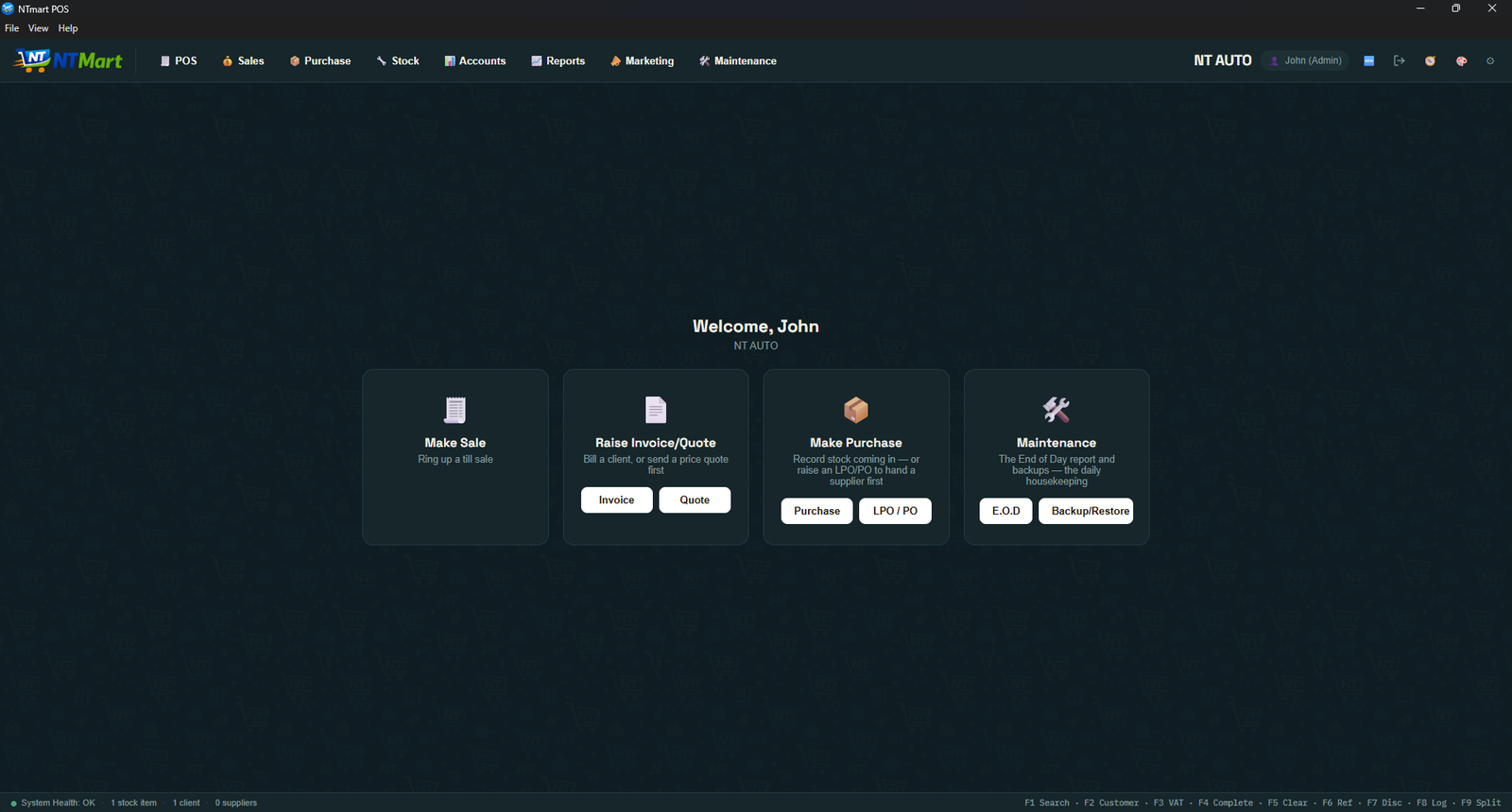 NTmart POS dashboard in the dark theme
