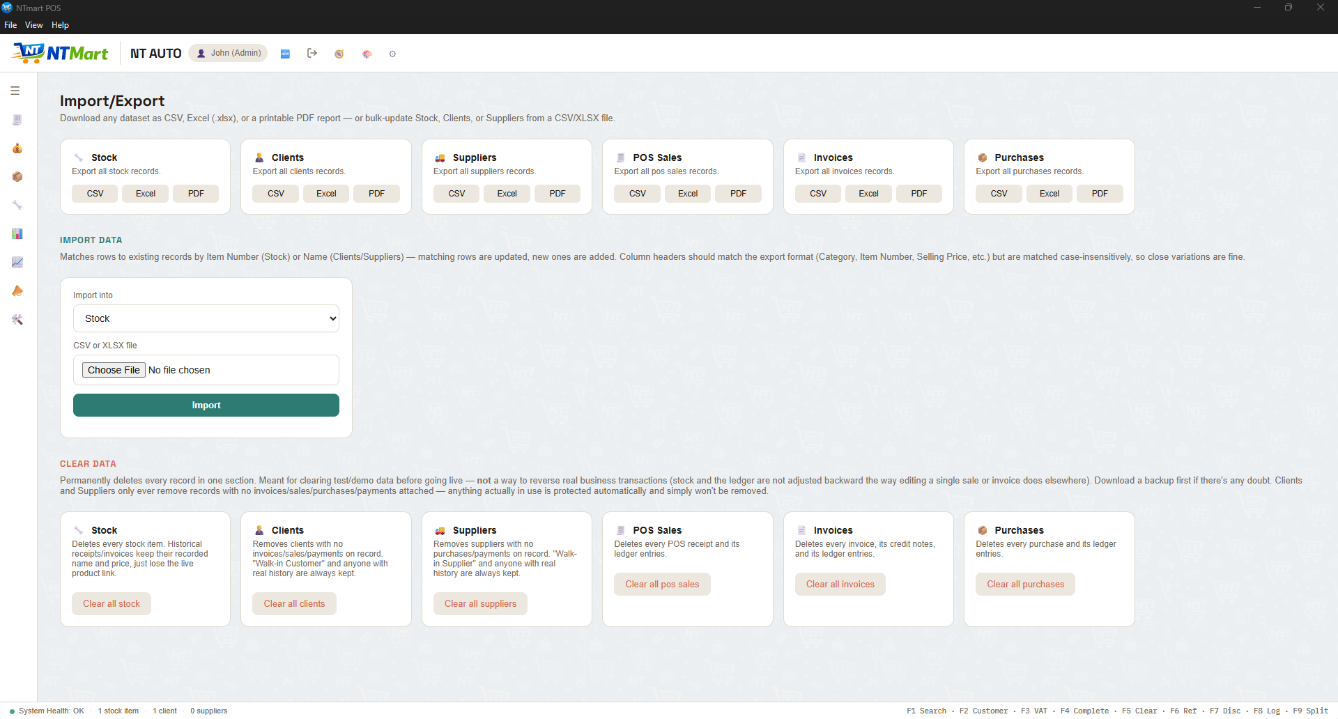 NTmart POS — the Import and Export screen