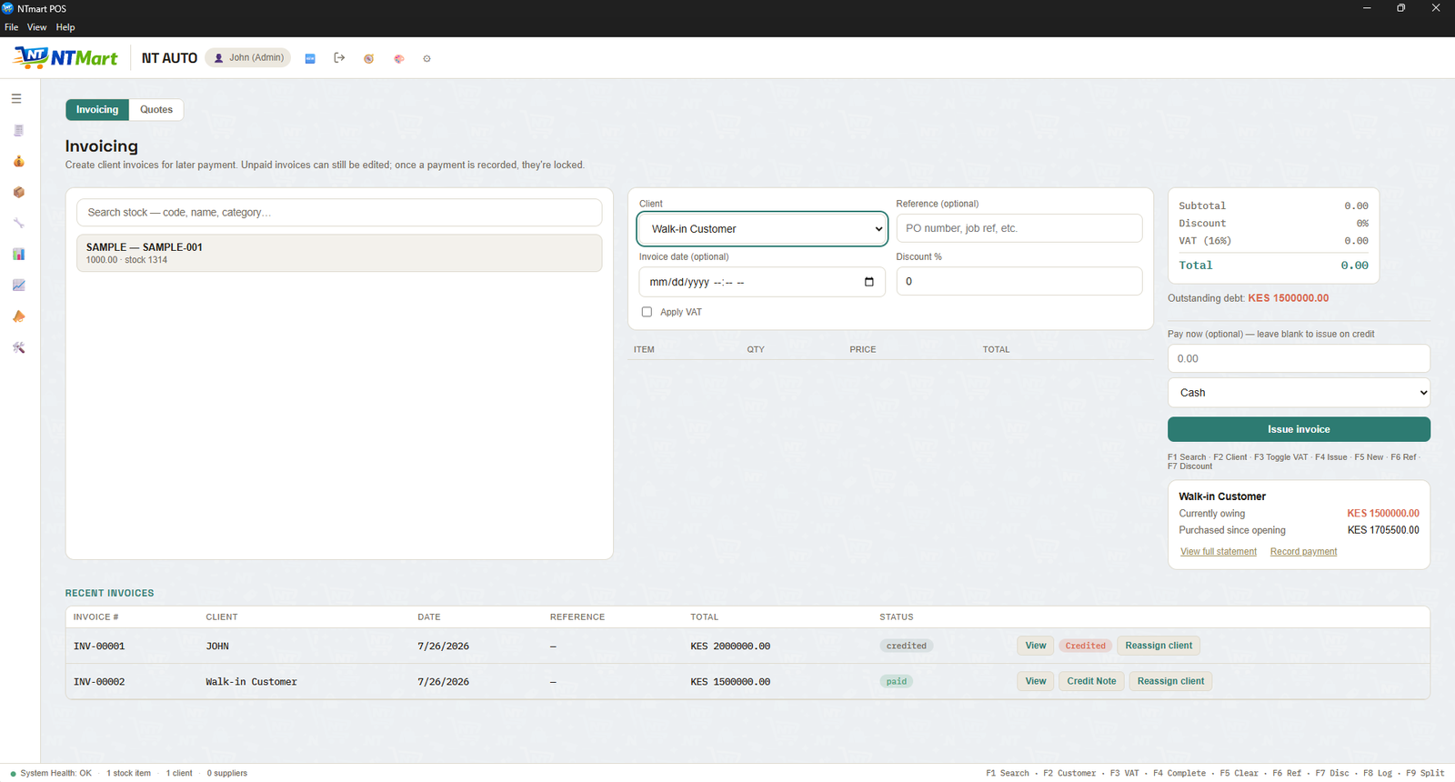 NTmart POS — the Invoicing screen
